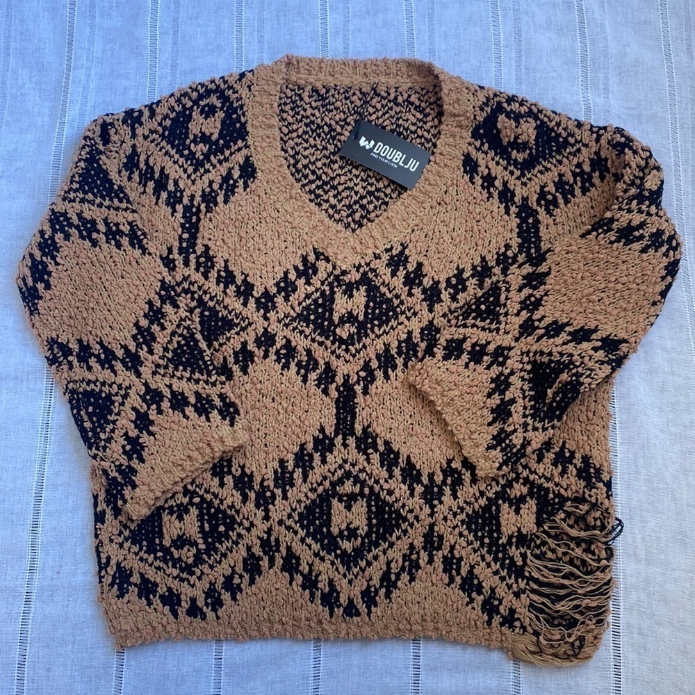 Doublju NWT distressed and oversized v-neck sweater. - Picture 3 of 11